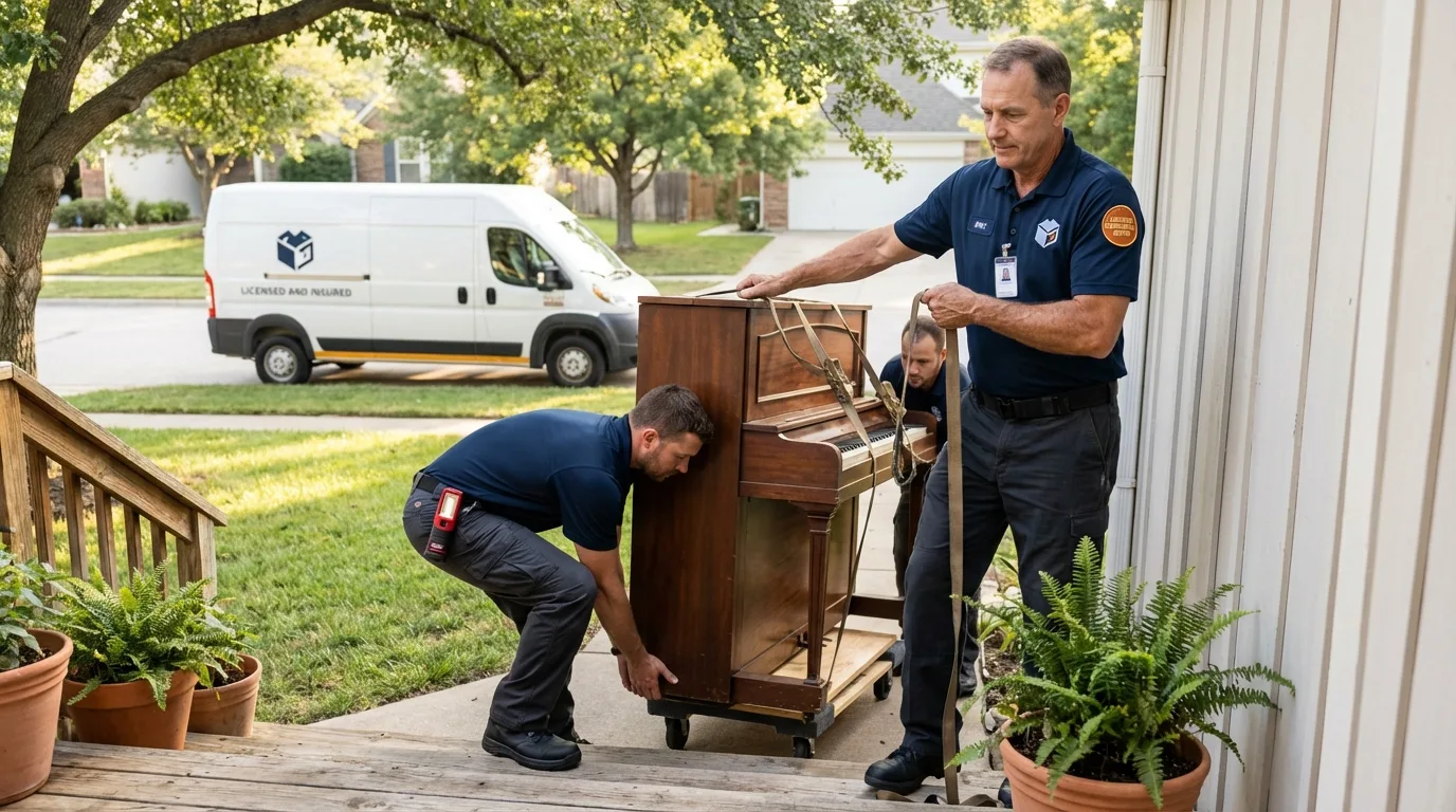 Licensed piano movers securing grand piano in Greenfield, TN