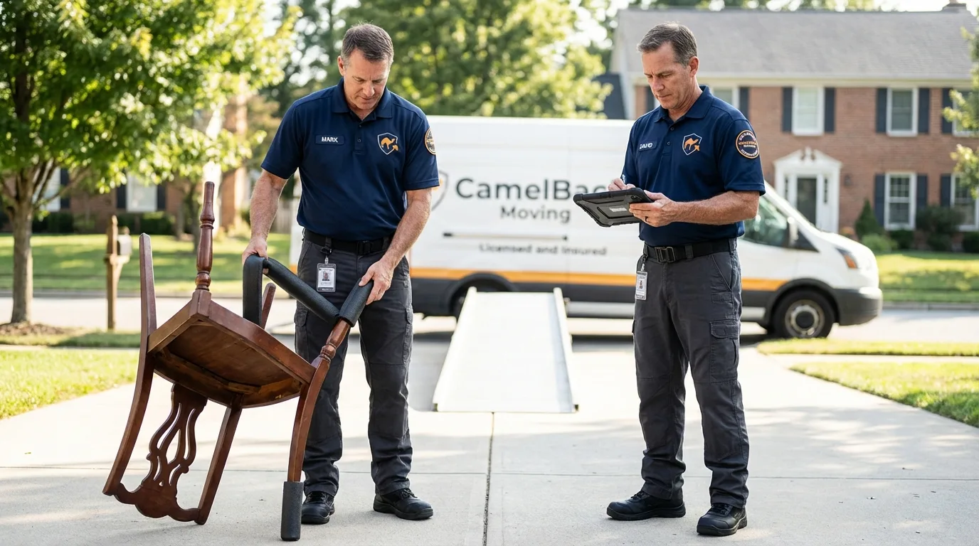 Movers inspecting furniture for damage prevention before loading in Greenfield, TN