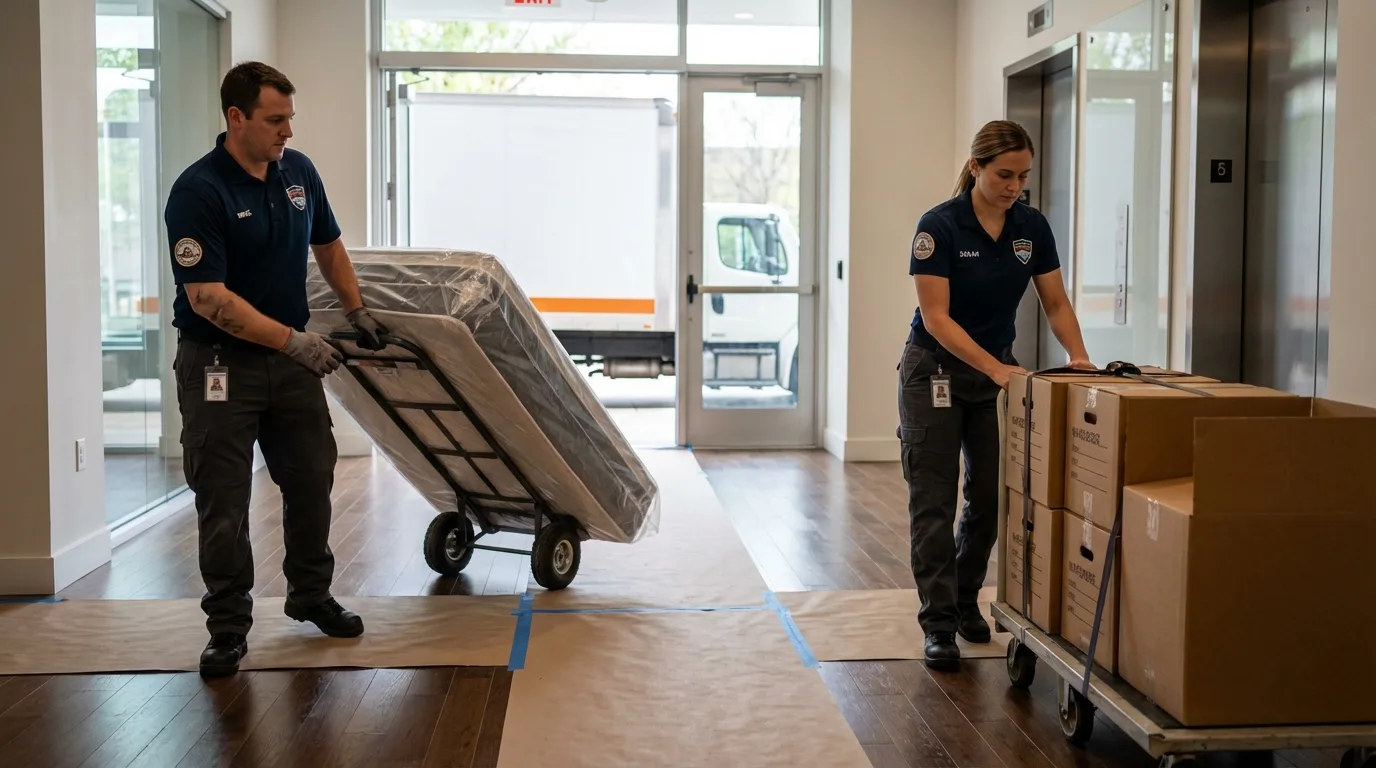 Professional apartment movers loading elevator in Greenfield, TN