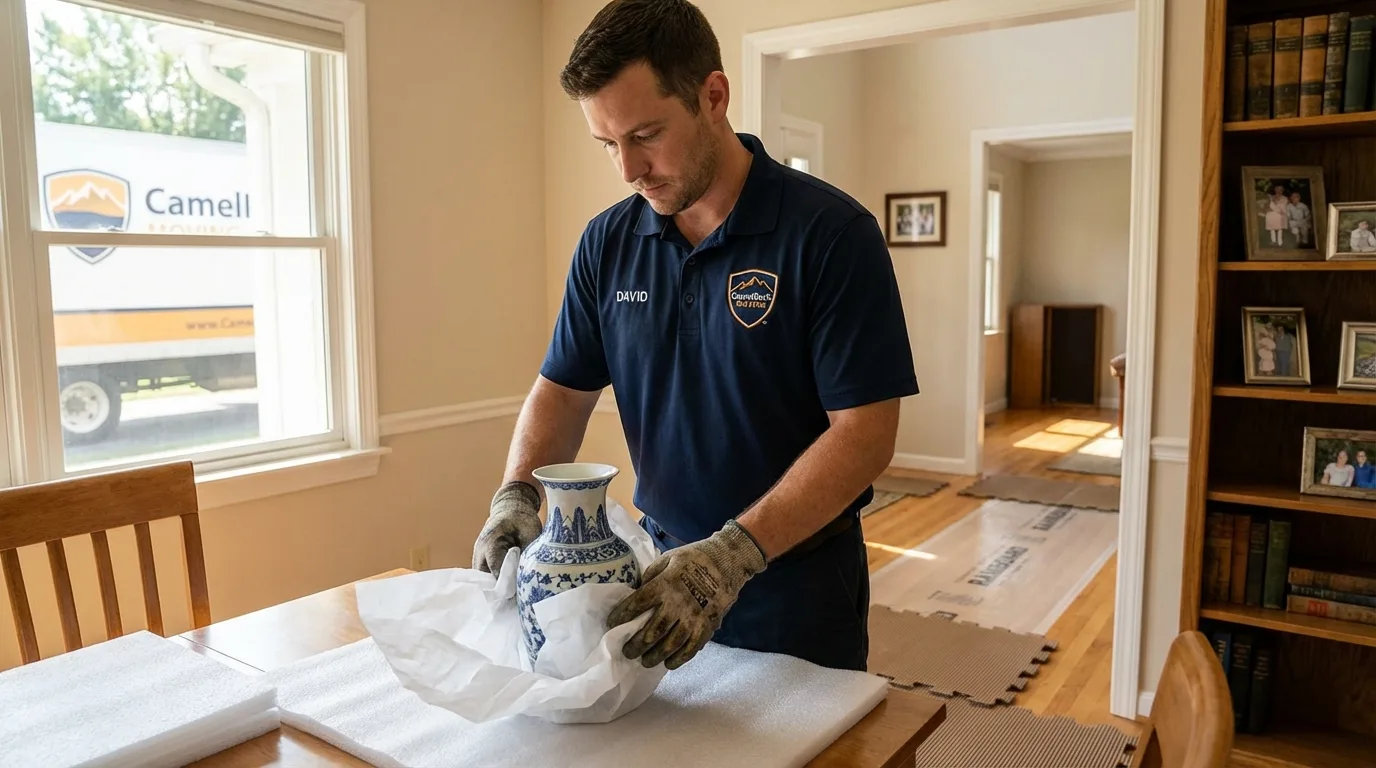 Professional crew carefully wrapping antique vase for senior downsizing move in Greenfield, TN